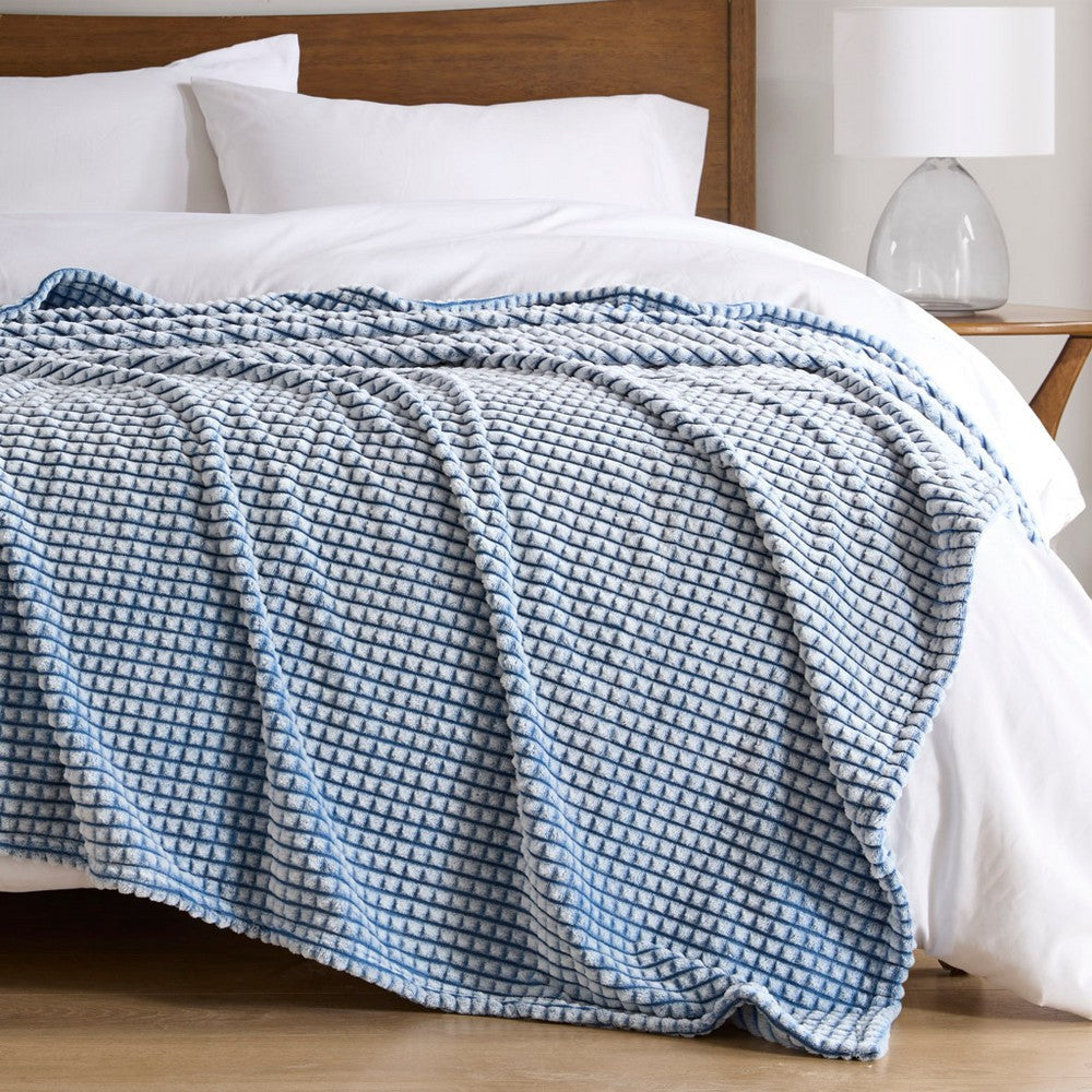 Queen Size Carved Microvelour Polyester Blanket, Blue Backprint