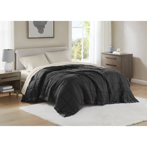 Twin Size Microfiber Blanket, Polyester Fill, Satin Trim, Black