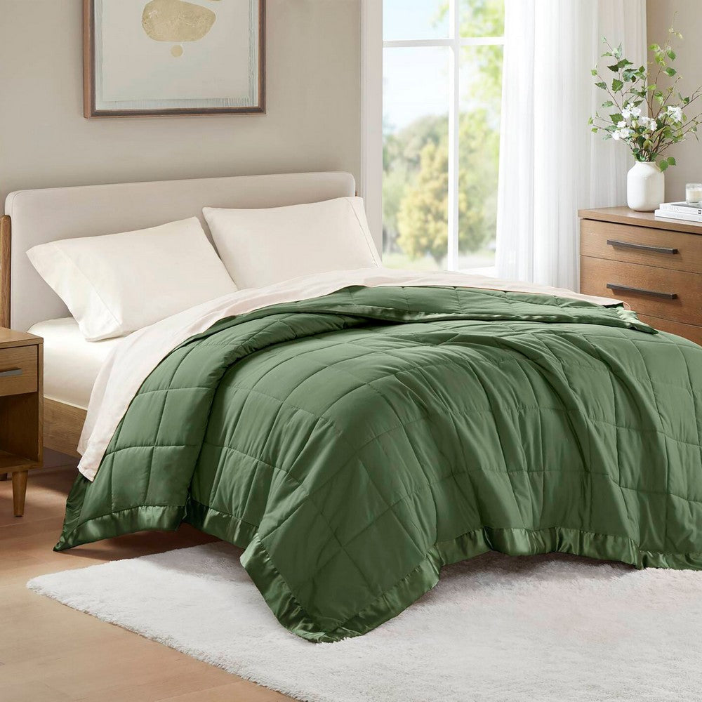 Twin Size Microfiber Blanket, Polyester Fill, Satin Trim, Green