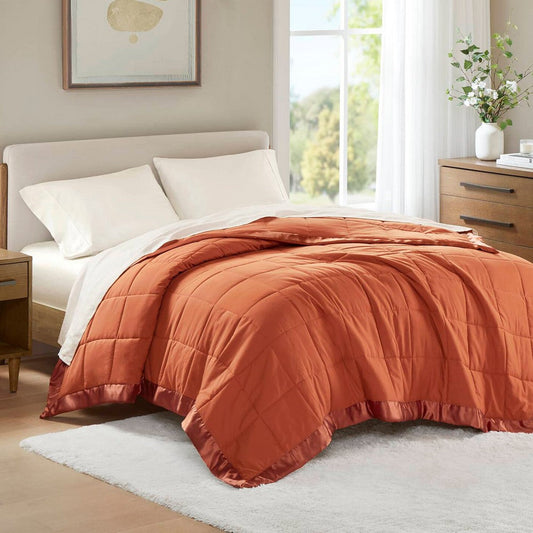 Queen Size Microfiber Blanket, Polyester Fill, Satin Trim, Orange