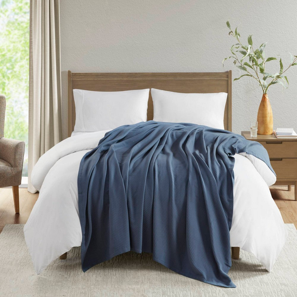 Queen Size Ring Spun Cotton Blanket with Ribbed Weaving, Navy Blue