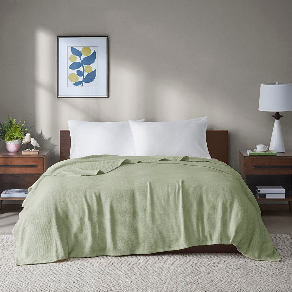 King Size Cotton Blanket with Freshpun Basketweave, Green