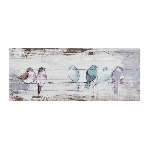 Panel Wall Decor, Hand Painted Perched Birds, 12x30 White Wood