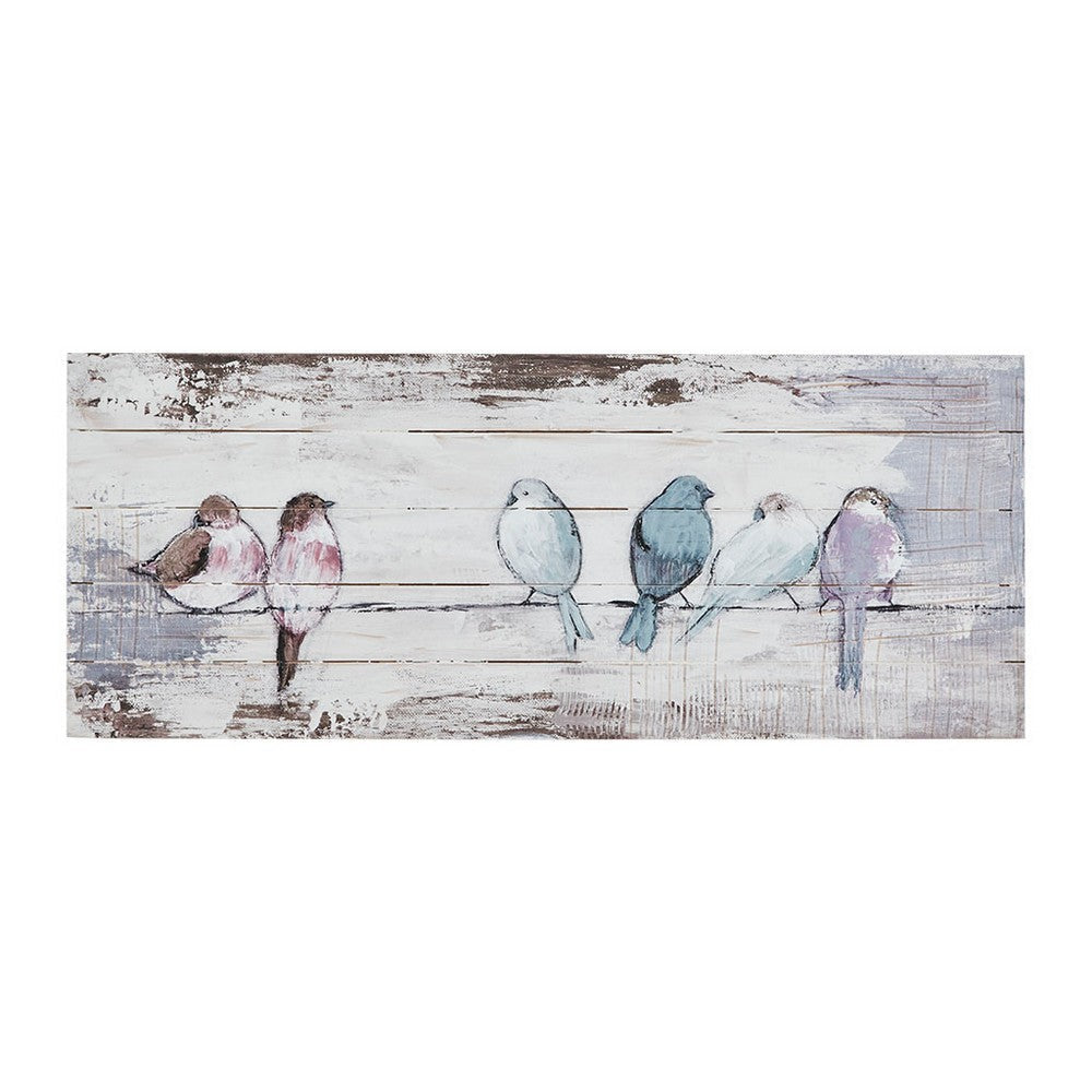 Panel Wall Decor, Hand Painted Perched Birds, 12x30 White Wood