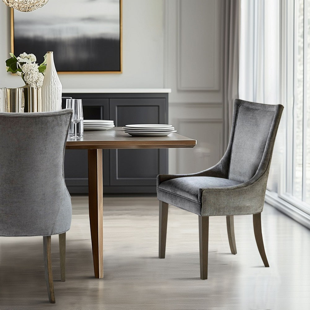 Dining Side Chair Set of 2, Dark Gray Polyester, Brown Curved Legs