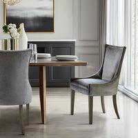 Dining Side Chair Set of 2, Dark Gray Polyester, Brown Curved Legs