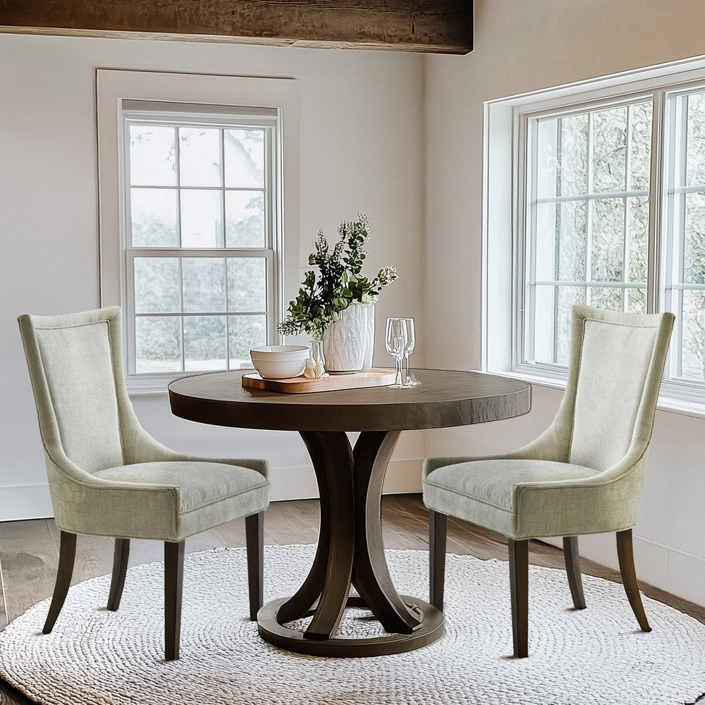 Dining Side Chair Set of 2, Light Green Polyester, Brown Curved Legs