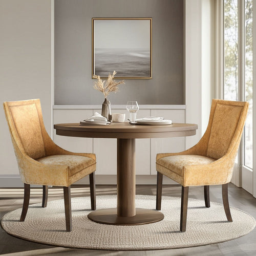 Dining Side Chair Set of 2, Gold Polyester, Brown Curved Legs