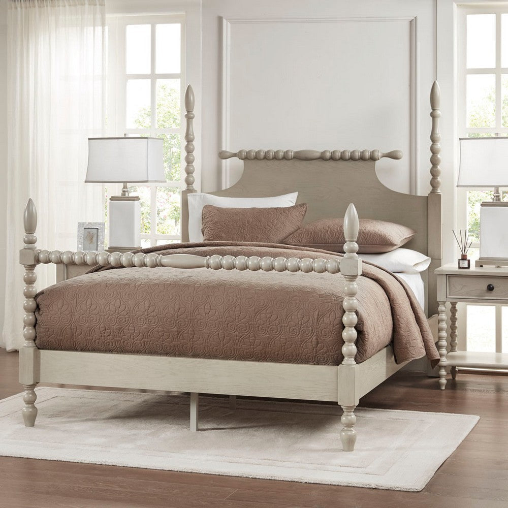 Queen Size Poster Bed, Sculpted Spindle Frame, Antique Cream