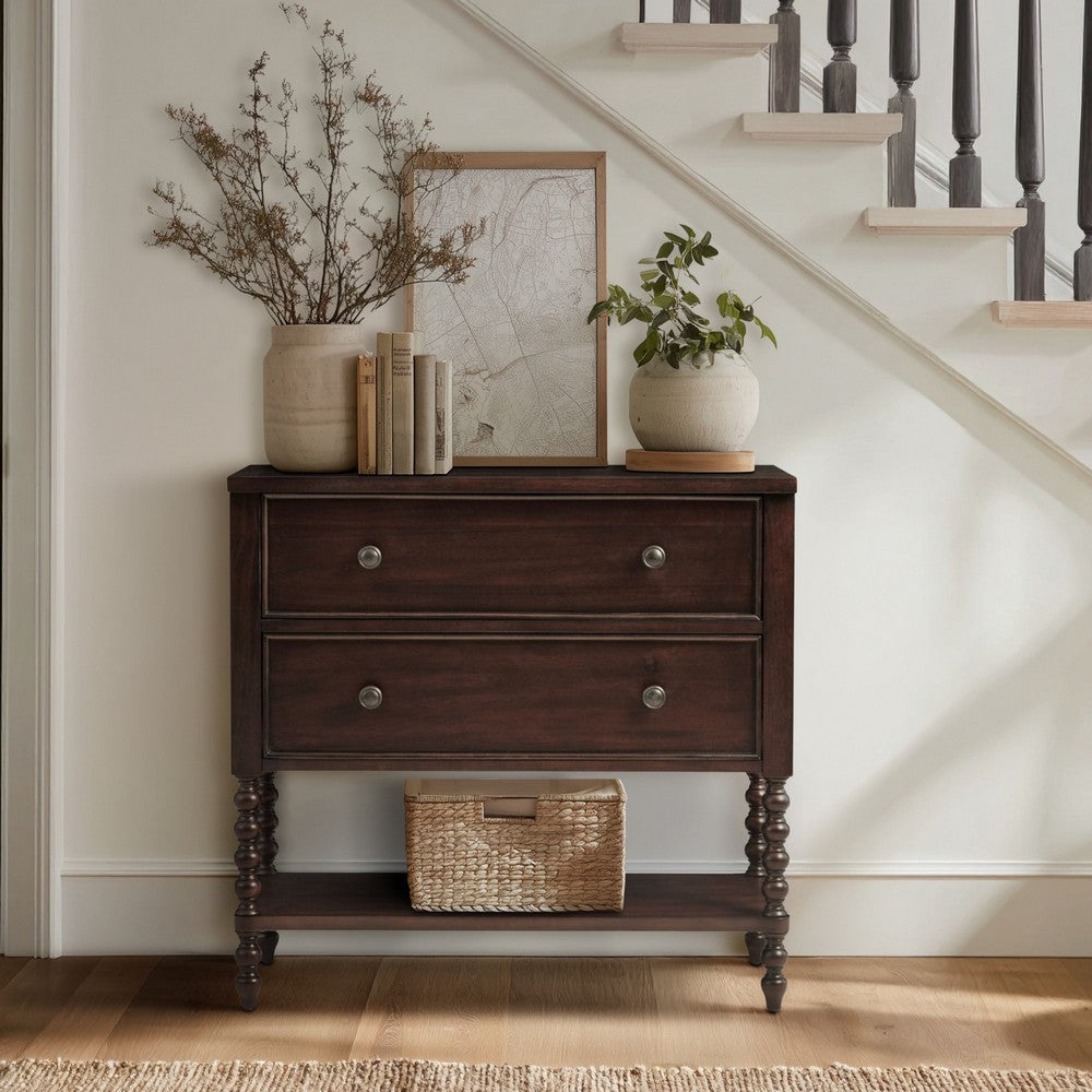 Accent Chest, 2 Drawers with Metal Knobs, Morrocco Brown Veneer