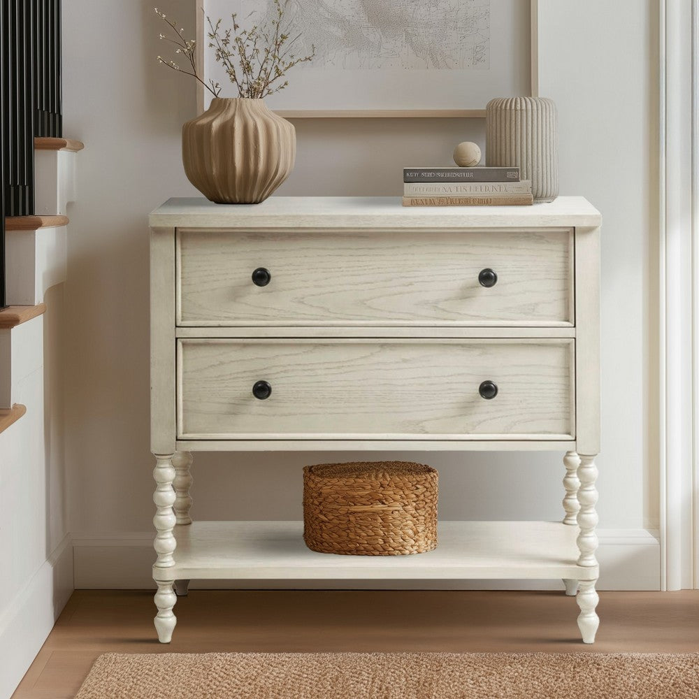 Accent Chest, 2 Drawers with Metal Knobs, Antique Cream Veneer