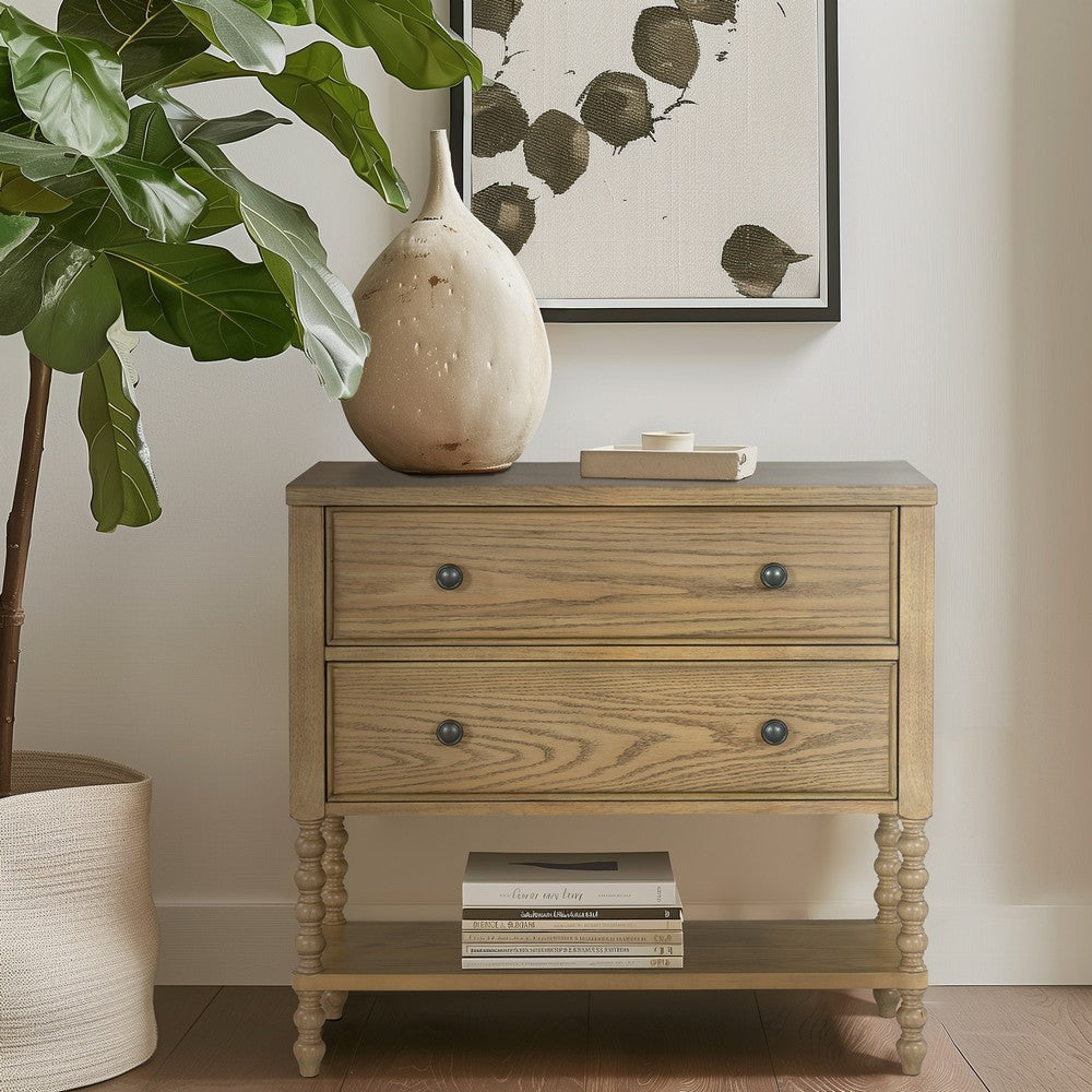 Accent Chest, 2 Drawers with Metal Knobs, Natural Brown Veneer