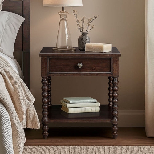 Nightstand, 1 Drawer and Shelf, Morocco Brown Spindle Wood Frame