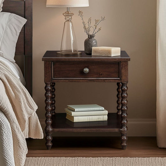 Nightstand, 1 Drawer and Shelf, Morocco Brown Spindle Wood Frame