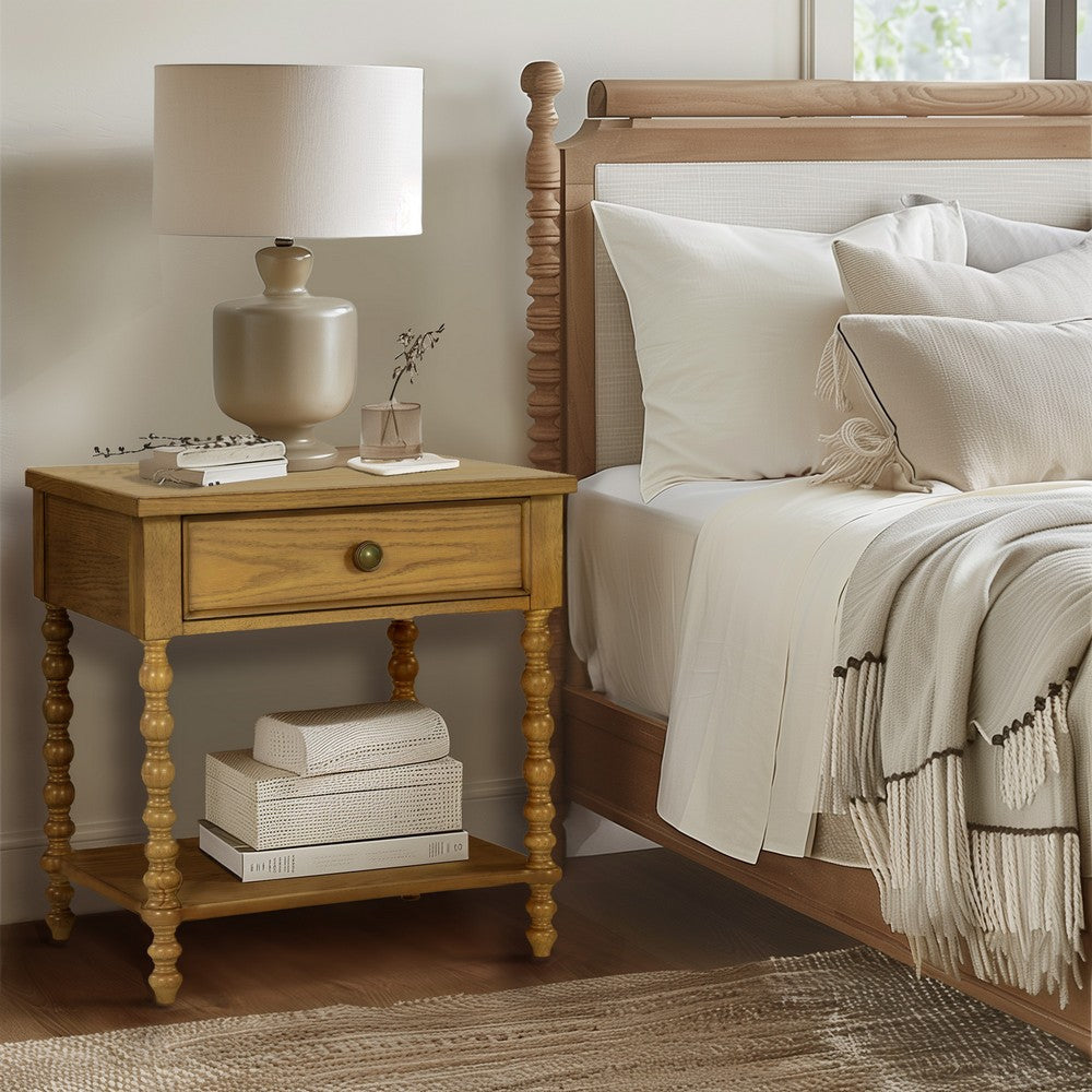 Nightstand, 1 Drawer and Shelf, Spindle Legs, Natural Brown