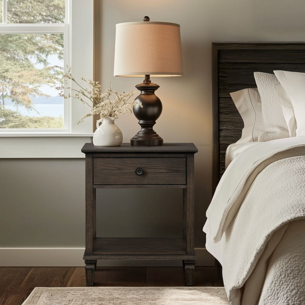 Nightstand, Open Shelf and 1 Drawer, Turned Legs, Antique Brown