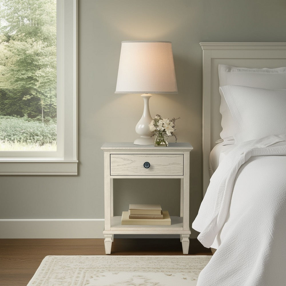 Nightstand, Open Shelf and 1 Drawer, Turned Legs, Antique Cream