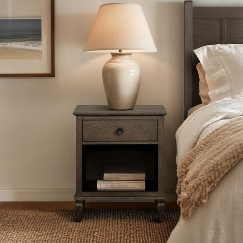 Nightstand, Lower Shelf and 1 Drawer, Turned Legs, Antique Brown