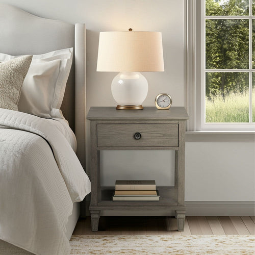 Nightstand, Open Shelf and 1 Drawer, Turned Legs, Reclaimed Gray
