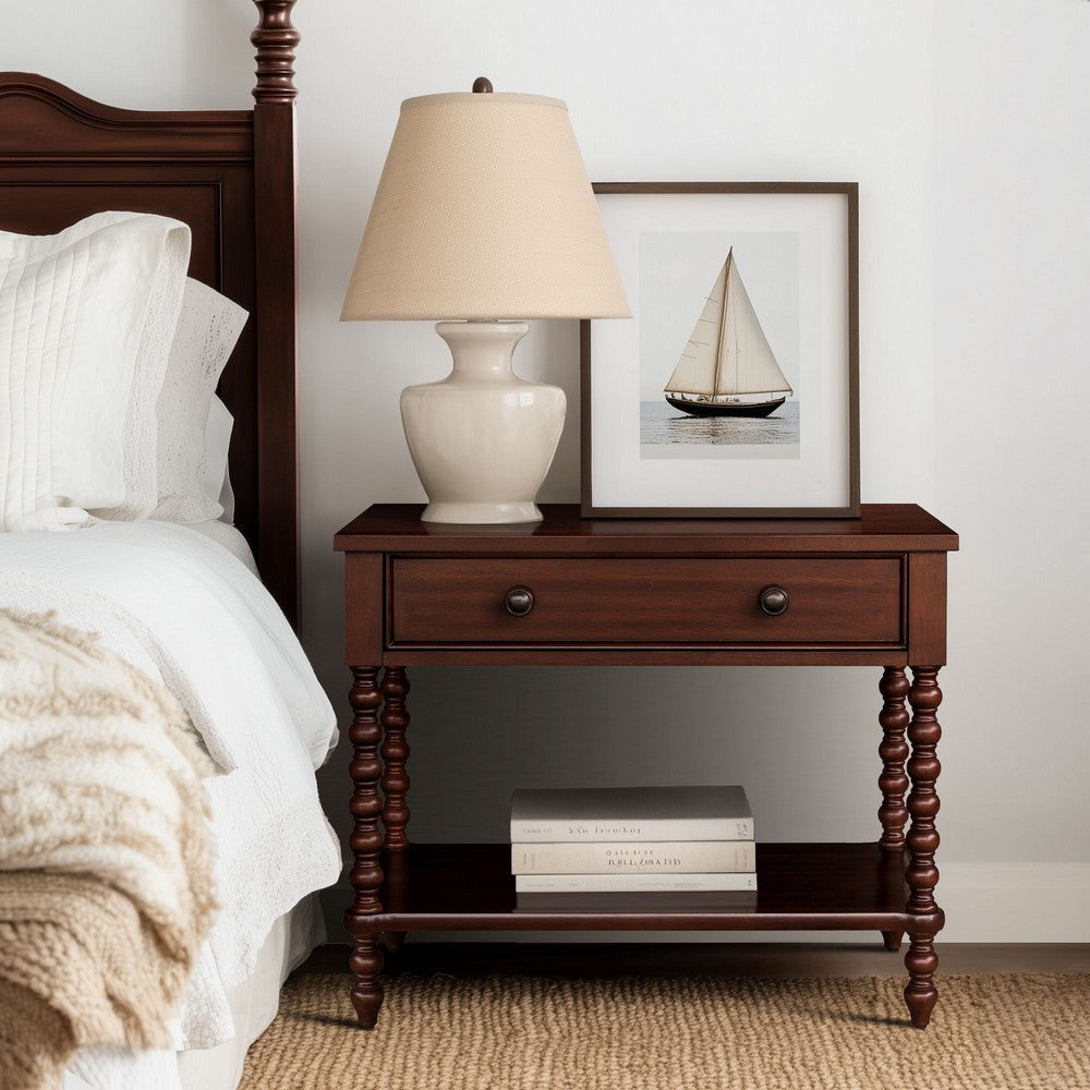 Nightstand, Shelf and 1 Drawer, Morocco Brown Spindle Wood Frame