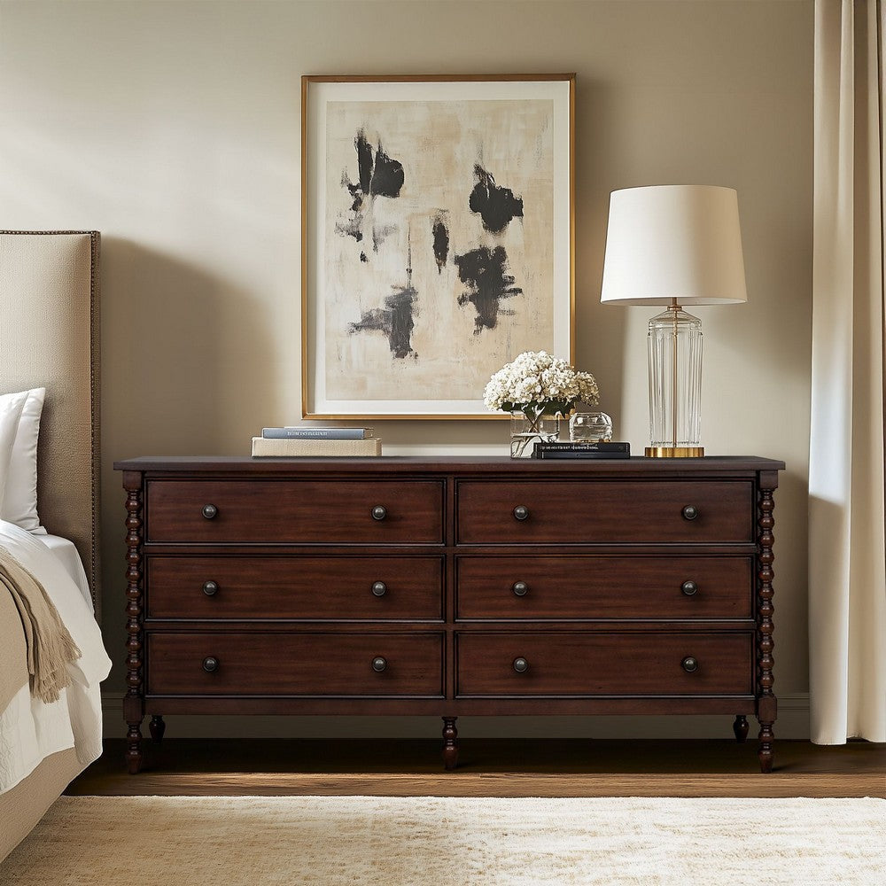 Dresser, 6 Drawers, Spindle Legs, Morocco Brown Finish 70"