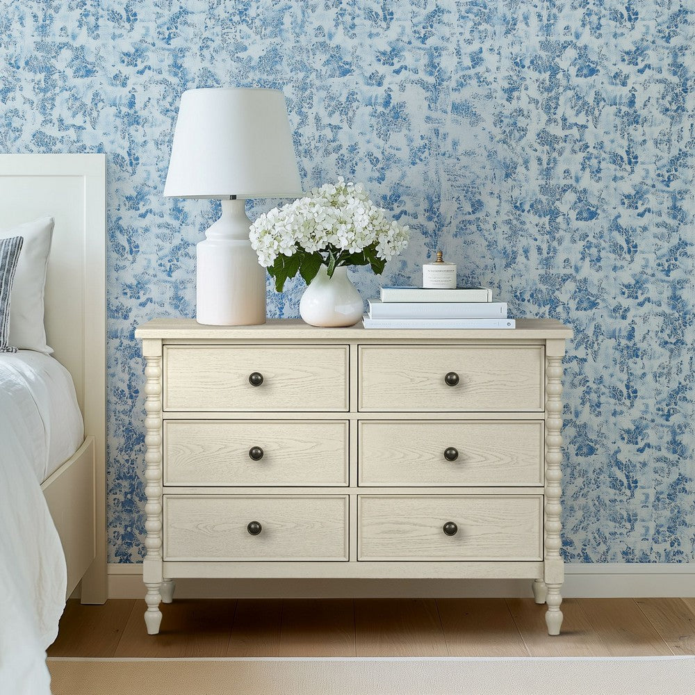 Dresser, 6 Drawers, Spindle Legs, Antique Cream Finish 46"