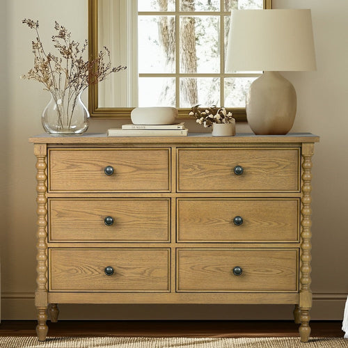 Dresser, 6 Drawers, Spindle Legs, Natural Brown Finish 46"