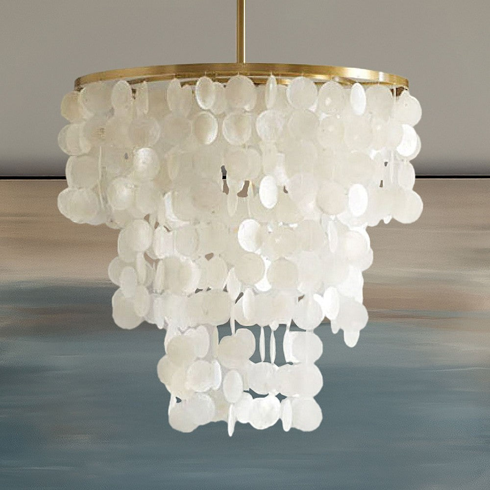 Layered Chandelier w Dimmable White Capiz Shell Shade, Gold Metal