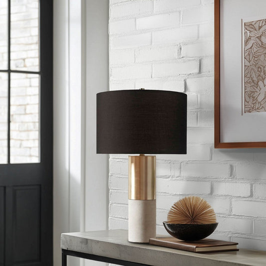 Table Lamp, Brown Drum Shade with Gold Metal and Concrete Base
