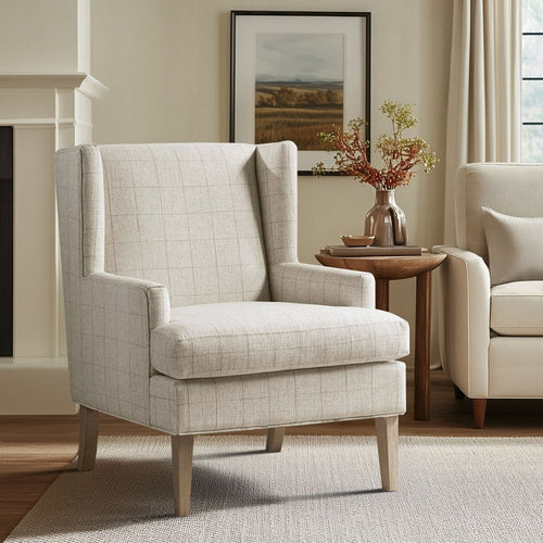 Accent Chair, Classic Wingback, Beige Plaid Polyester, Brown Wood