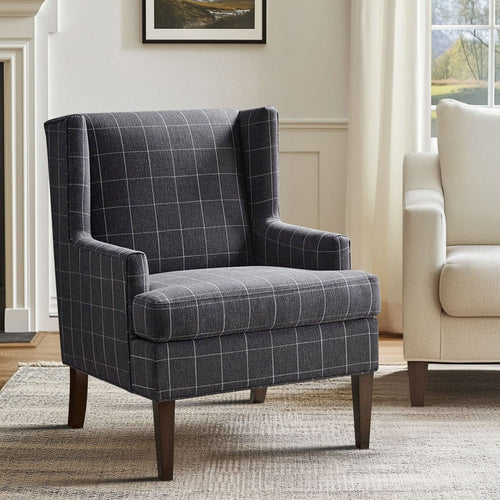 Accent Armchair w Wing Back, Charcoal Gray Plaid Polyester Blend