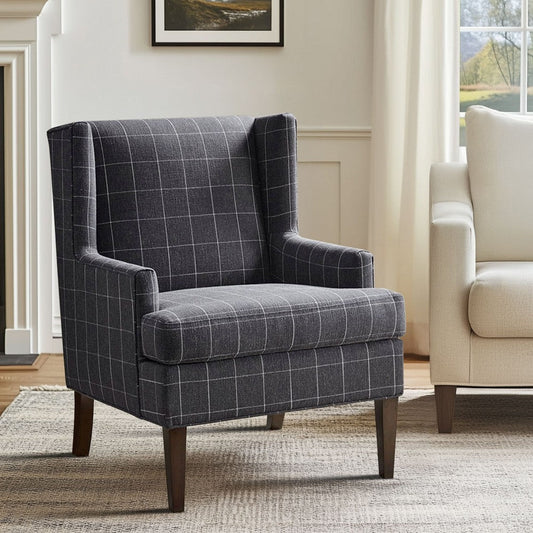 Accent Armchair w Wing Back, Charcoal Gray Plaid Polyester Blend