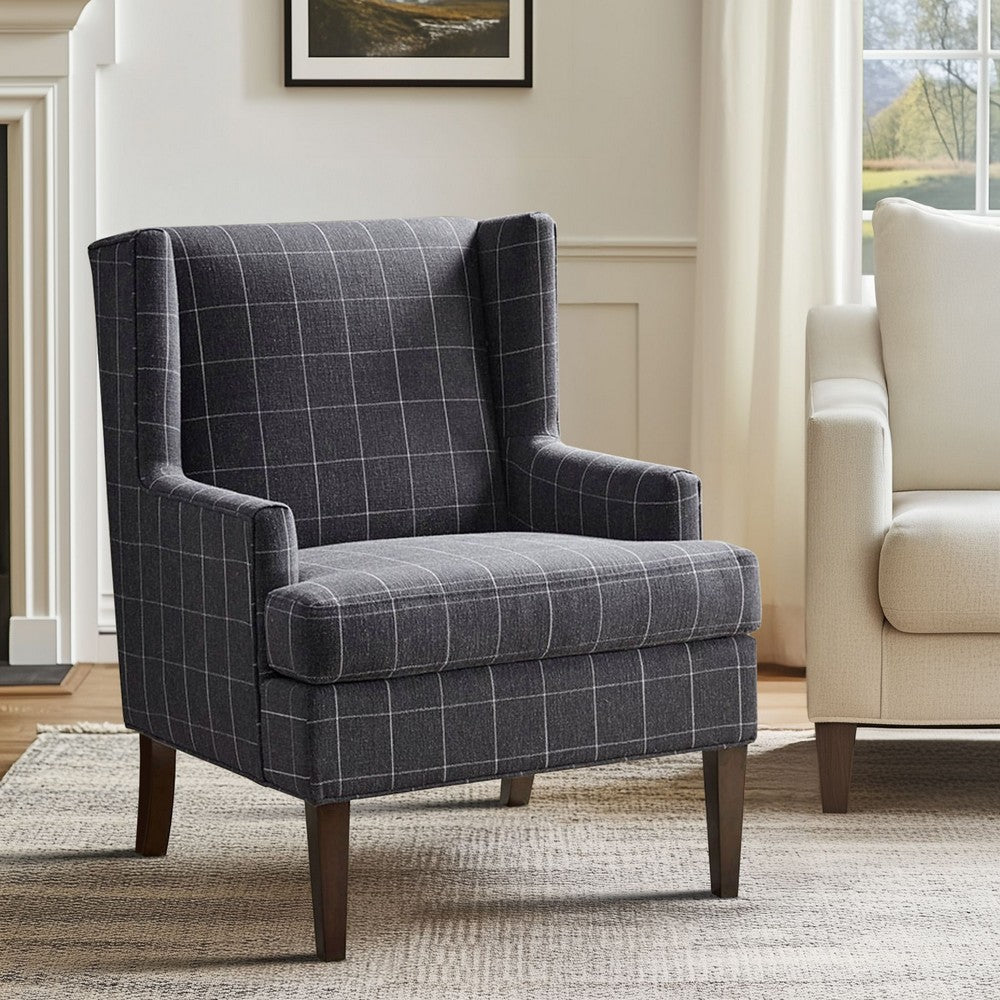 Accent Armchair w Wing Back, Charcoal Gray Plaid Polyester Blend