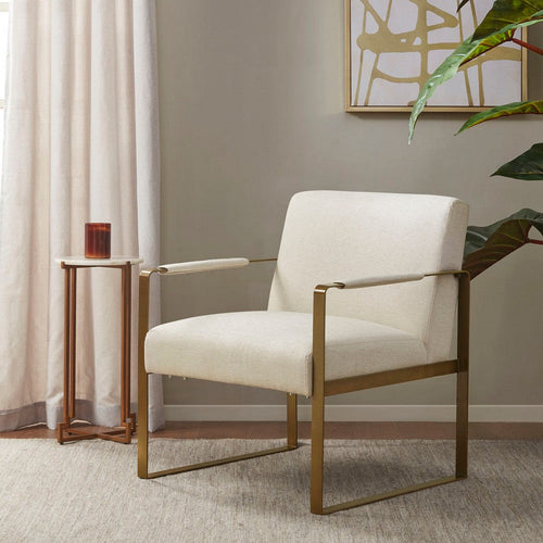 Accent Chair, Golden Metal Arms and Legs, Cream Polyester Velvet