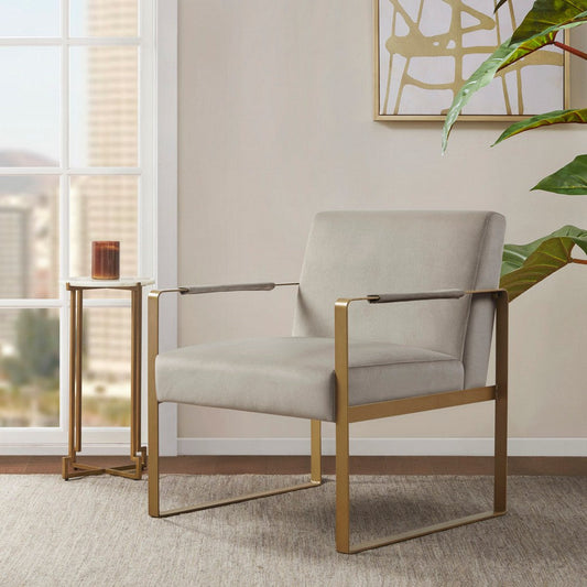 Accent Chair, Golden Metal Frame, Taupe Gray Polyester Velvet