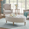 Accent Ottoman, 48" Oval Button Tufted Ivory Top, Turned Wood Legs