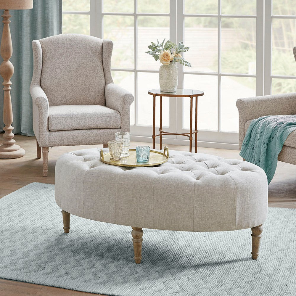 Accent Ottoman, 48" Oval Button Tufted Ivory Top, Turned Wood Legs
