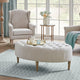 Accent Ottoman, 48" Oval Button Tufted Ivory Top, Turned Wood Legs