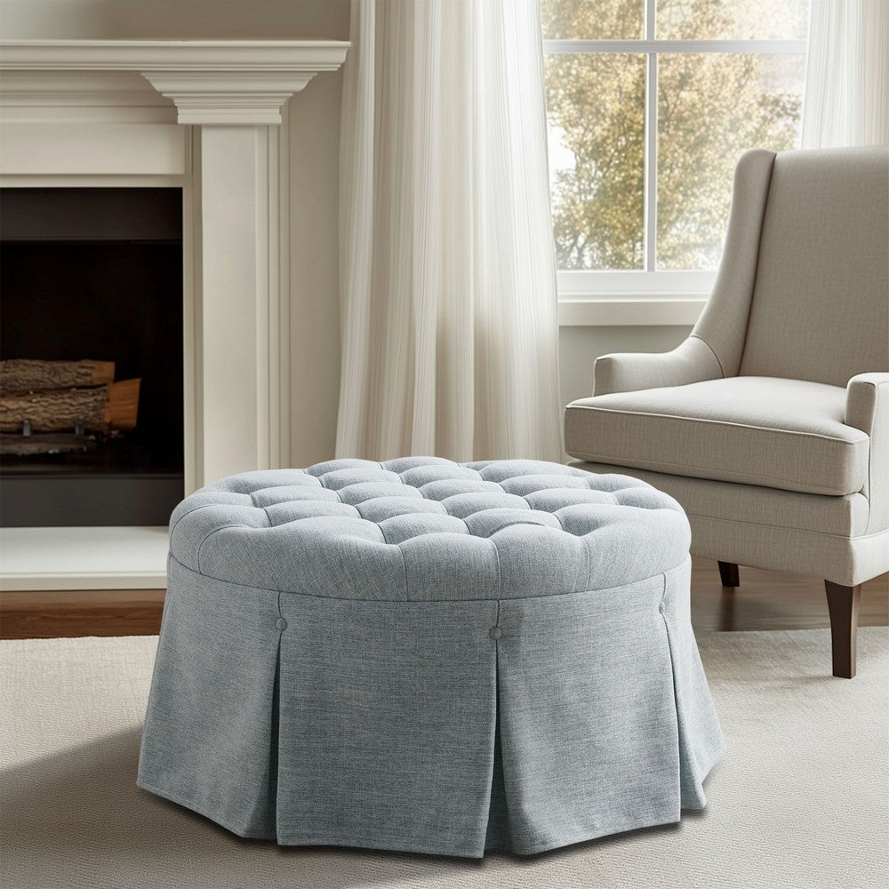 Ottoman, 32" Round Button Tufted Top w Skirted Base, Light Blue