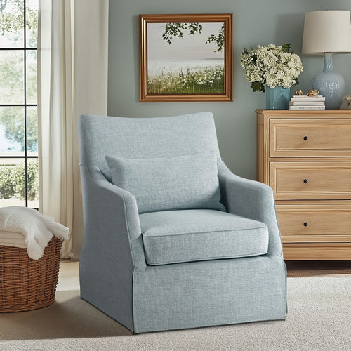 Swivel Armchair, 1 Lumbar Pillow, Skirted Base, Light Blue Fabric