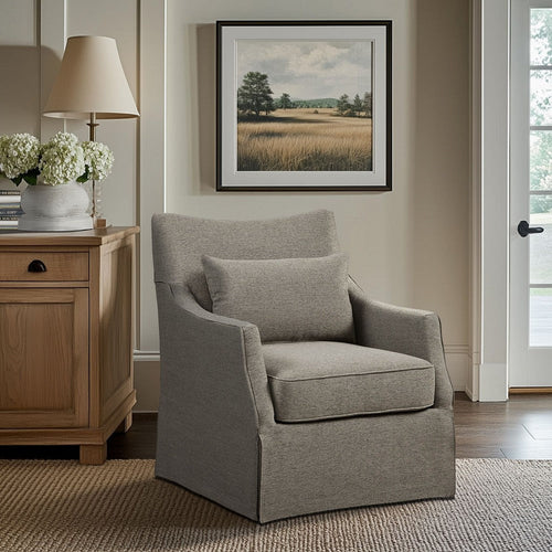 Swivel Armchair, 1 Lumbar Pillow, Skirted Base, Tan Gray Polyester