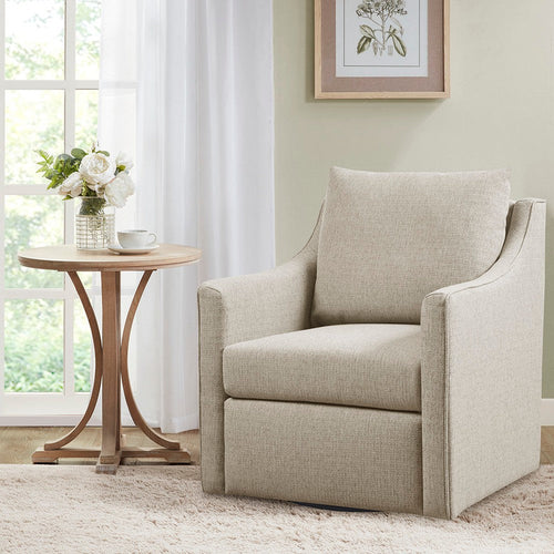 Swivel Armchair, 1 Pillow, Sloped Arms, Light Gray Woven Fabric