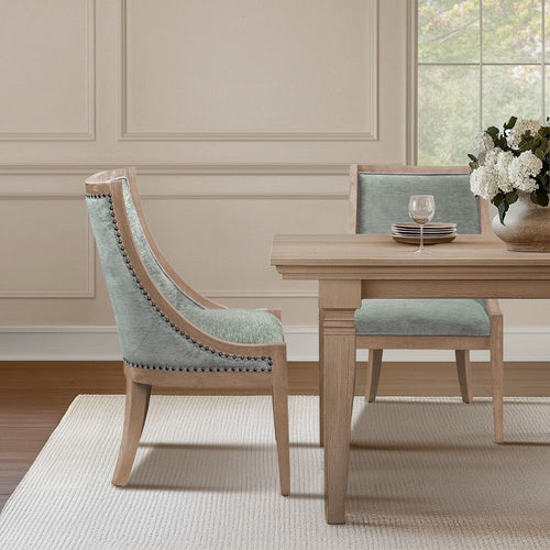 Dining Chair w Swoop Arms, Green Polyester, Wheat Brown Wood