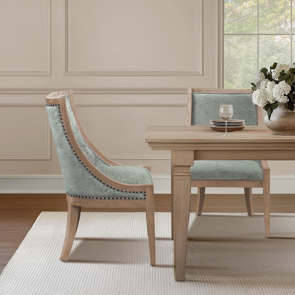 Dining Chair w Swoop Arms, Green Polyester, Wheat Brown Wood
