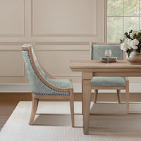 Dining Chair w Swoop Arms, Green Polyester, Wheat Brown Wood