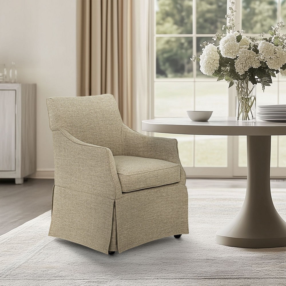 Dining Arm Chair, Skirted Base w Hidden Casters, Beige Fabric