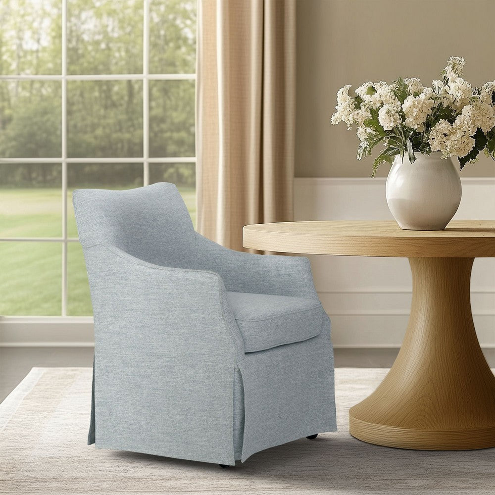 Dining Arm Chair, Skirted Base w Hidden Casters, Light Blue Fabric