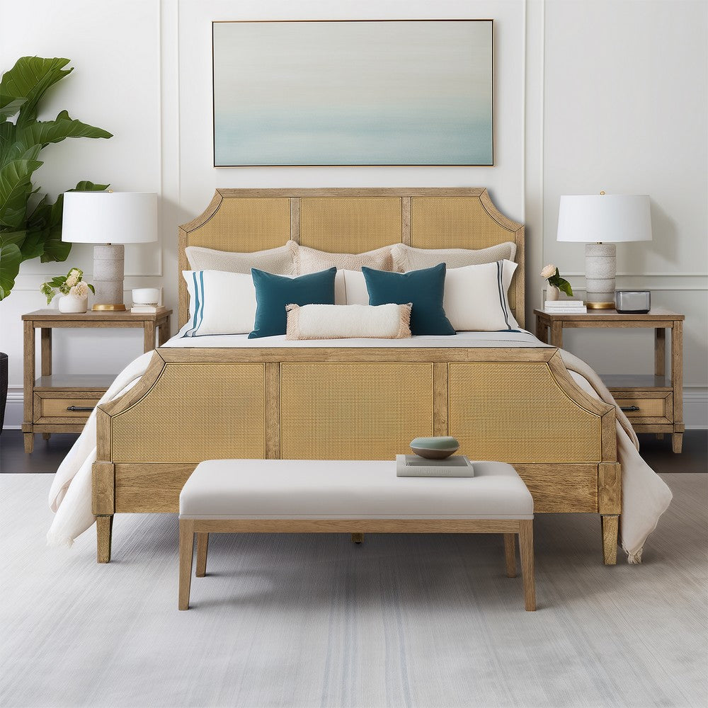Woven Cane Queen Platform Bed, Curved Corner, Toasted Almond Brown