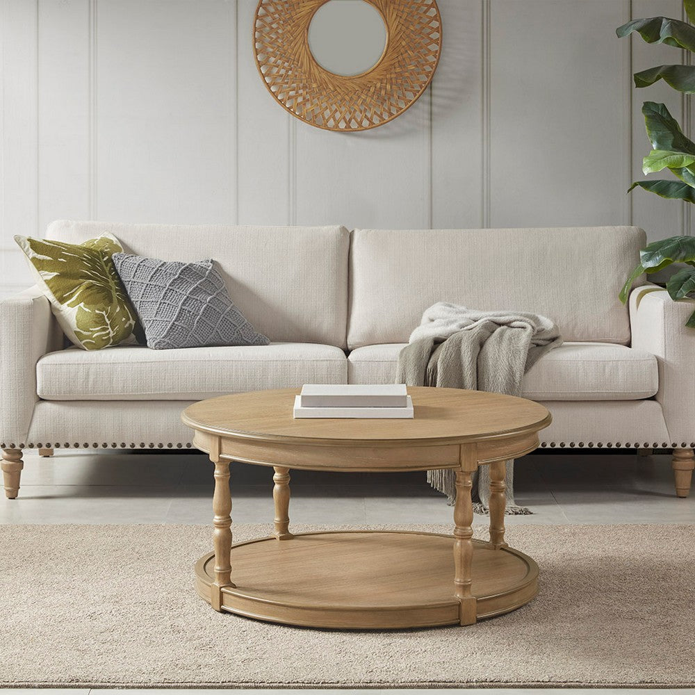Coffee Table, 36" Round Top, Lower Open Shelf, Natural Brown Wood