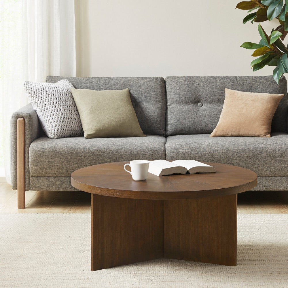 Coffee Table, 36" Round Starburst Pattern Top, Walnut Brown Wood